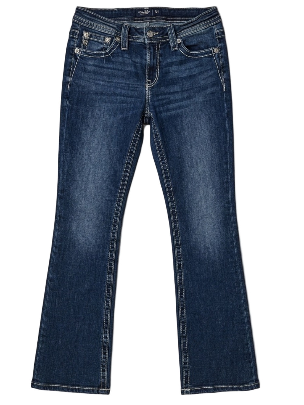 Miss Me Dark Wash Saddle Stitch Flap Pocket Rhinestone Bootcut Jeans Size 31